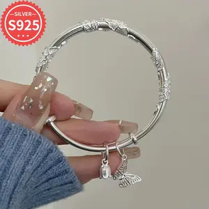 925 Sterling Silver Adjustable Bangle with Flower & Butterfly Pendant - Hypoallergenic