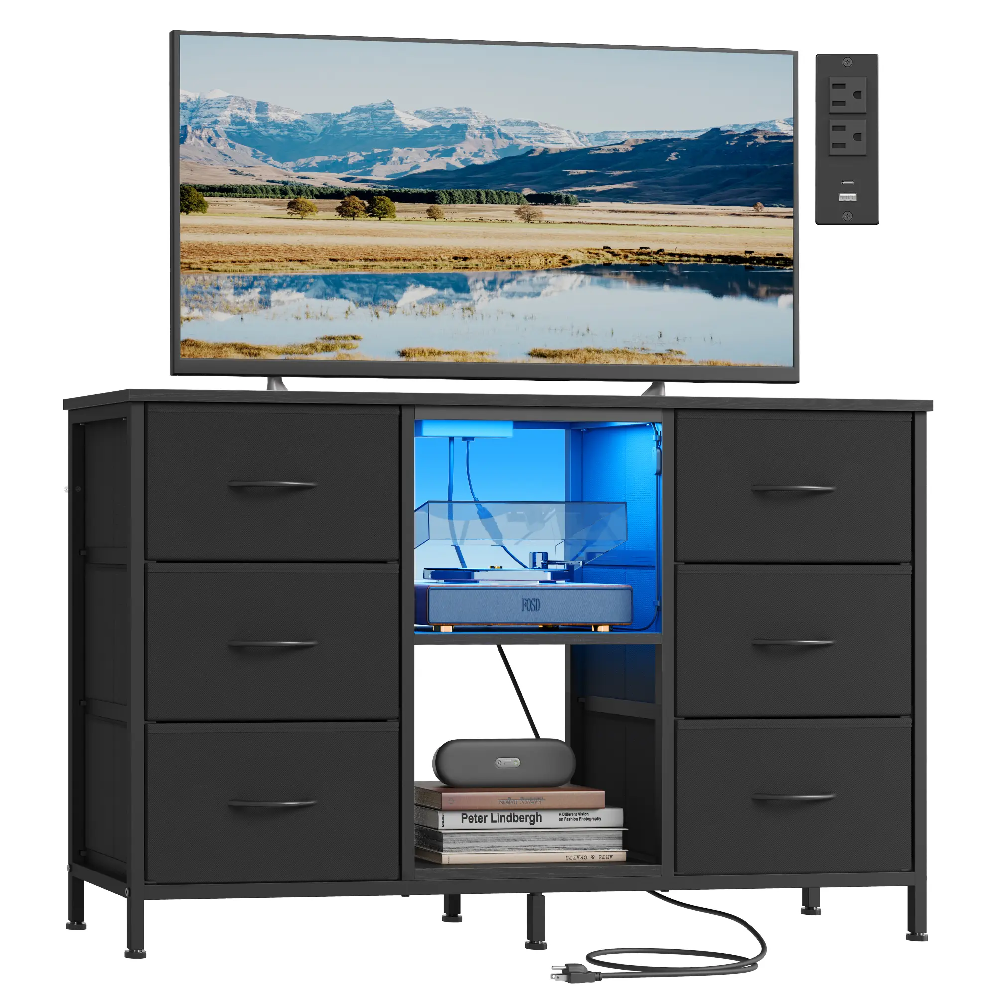 SONGMICS Modern Steel Frame TV Stand - Single Unit Rectangular Furniture for TVs Up to 55 Inches, 6 Drawers & Multiple Shelves, for Living Room & Bedroom