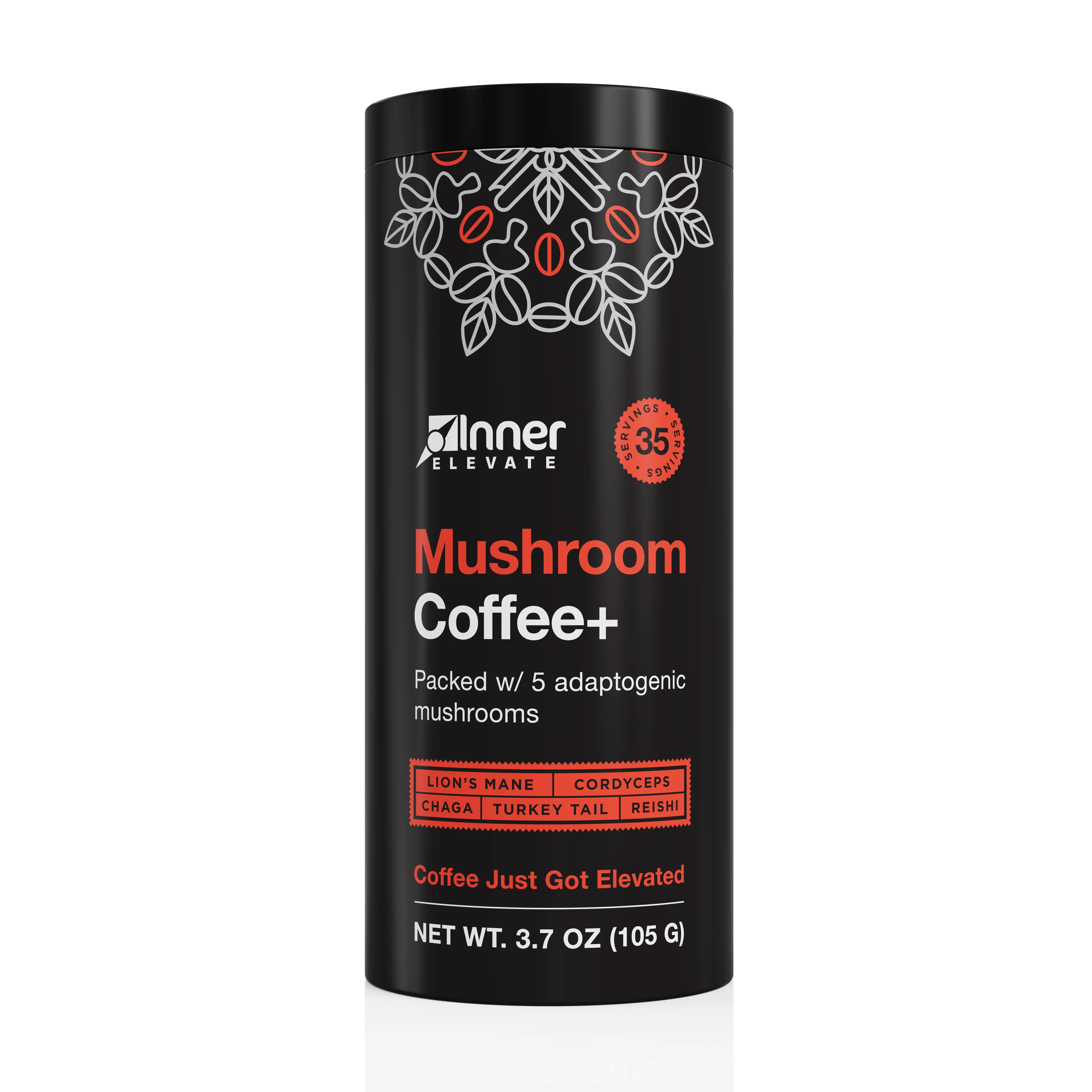 Inner Elevate Mushroom Coffee | 5 Adaptogenic Mushrooms | Upgraded Coffee Alternative with Half Caffeine | Arabica with Lion's Mane, Cordyceps, Chaga, Reishi, Turkey Tail, and L-Theanine (35 Servings)