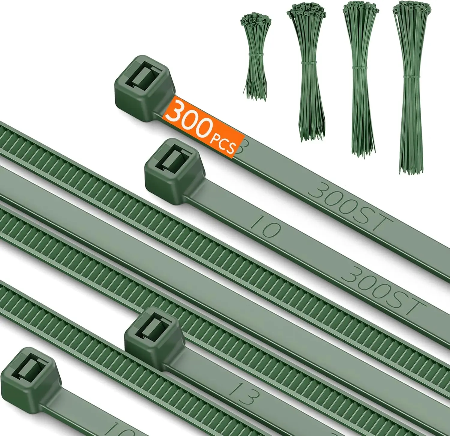PA66 Green Zip Ties, 300 count 12+10+8+4 Inch Heavy Duty  Zip Ties,  Self-locking Nylon  Plastic Ties Decoration Tie Wraps for  Gardening  Fence Farming Grid Wall, Green