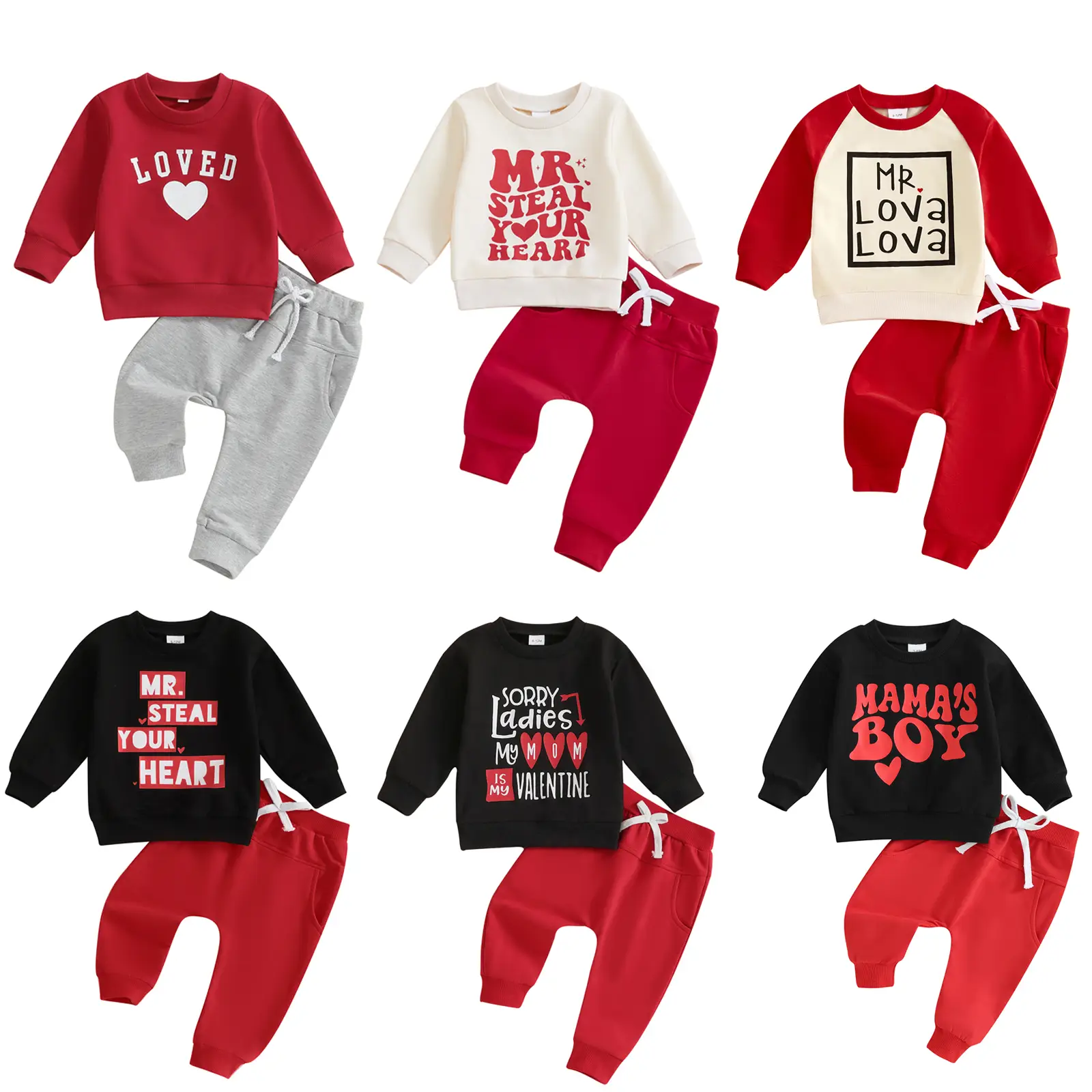 Toddler Baby Boy Valentines Day Outfit Loved Heart Print Crewneck Sweatshirt Tops Elastic Waist Jogger Pants Set Spring Warm Tracksuit 6 12 18 24 Mont