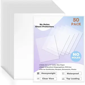 50 Pack No Holes Sheet Protectors 8.5 x 11 Inch Letter Size Page Protectors for Documents, Prints, Top Loading Heavyweight Clear View Plastic Sleeves for Papers, Artworks, Photos