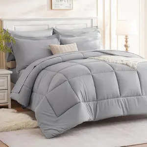 Queen Comforter Set - 7 Pieces All Season Luxury Bed in a Bag Queen Size - Bedding Set with Comforter, Sheets, Pillowcases & Shams - Soft Light Grey Comforter Set Queen