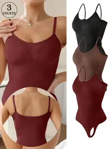 3-pack women's shapewear, adjustable shoulder straps for slimming and shaping, extremely comfortable Ribbed threaded fit, solid color inner underwear, women's one-piece shapewear