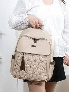 Plaid Embroidered Fringe Backpack, Large Capacity Commuter Bag, Waterproof Nylon, Casual Style, Ideal for Students and Office Workers