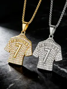 Trending Hip-Hop Titanium Steel Rhinestone Ronaldo Cr7 Jersey Pendant Necklace, Fashion Jewelry for Sports Lovers