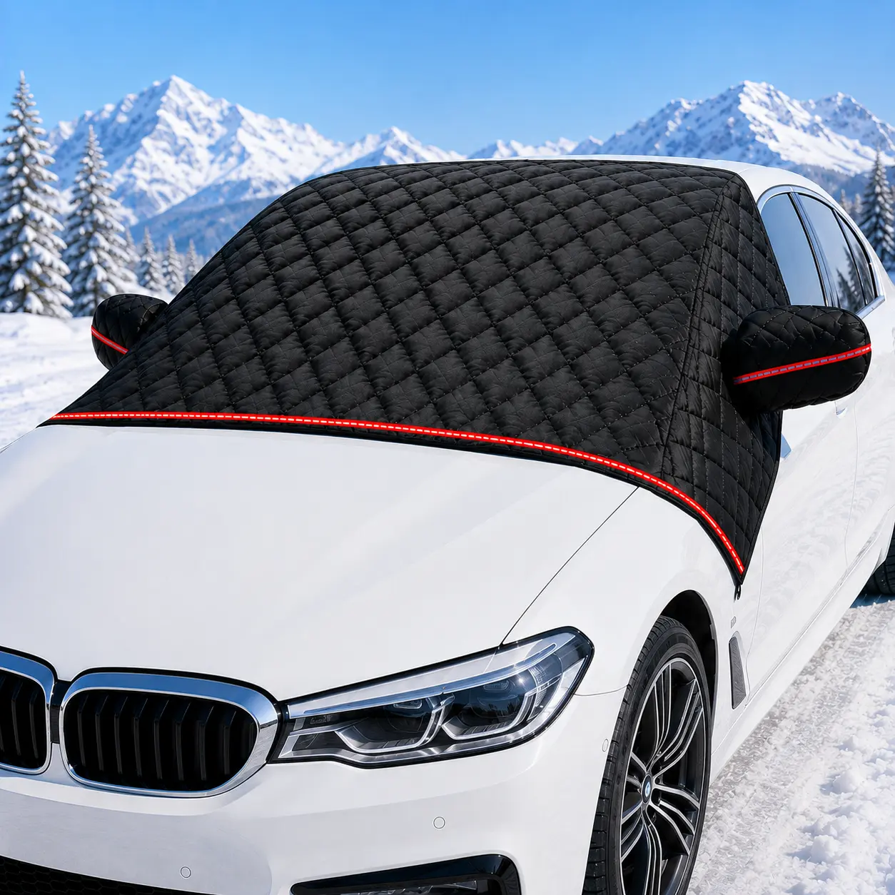 Heavy Duty Windshield Snow Cover for Ice and Frost, Thick Quilted Car Windshield Protector with Side Mirror Cover, Red Reflective Strips, Wind Resistant All Weather Winter Cover for Car