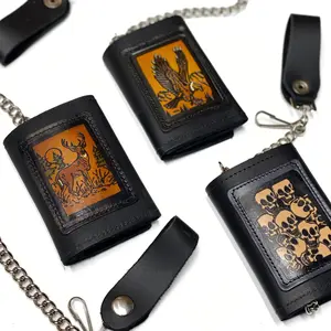 Embossed Black Leather Trifold Men's Wallet with Chain - Eagle - Deer - Skull
