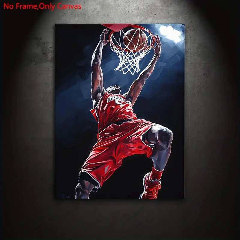 1 Piece/Set Frameless Canvas Painting Print Poster,Classic Colorful Realistic Dynamic Powerful Pop Art,Basketball Dunk Jordan,Perfect Gift for Sports Fan,Ideal Gift for Bedroom,Study,Office,Living Room,Dorm Hallway,Kitchen,Mural,Wall Decoration,Room Decor