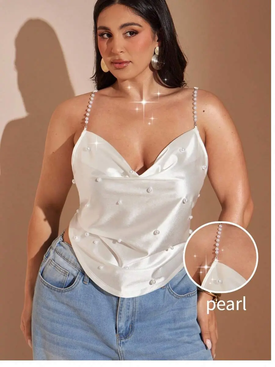 Kallé x  Plus Size Women White Beaded Pearl Draped Neck Camisole, Stylish Elegant Sleeveless Tank Top V Neck Faux Pearl Embellished Camisole For Evening Party
