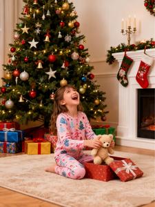 girls' christmas party snowman print pajama set, 2 piece long sleeve round neck sleepwear, fall home wear, cute holiday