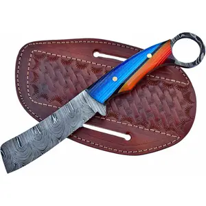 8" Handmade Damascus steel Bull Cutter Knife with Leather Sheath Cowboy knife Mexican Blanket Micarta Handle Fixed Blade Hunting Knife with Pancake Sheath EDC