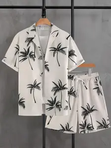 Men's Tropical Plants Print Button Front Shirt & Shorts Pyjama Set, Regular Fit Casual Comfy Short Sleeve Top & Shorts Pajamas Set, Men's Sleepwear for Summer, Nightwear, Menswear, Homewear, Sleeping Clothes, Soft Lounge Sets, Pjs