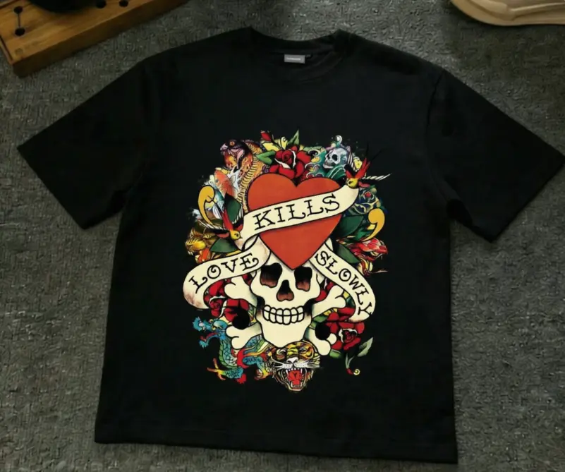 Streetwear Graphic T-shirt with Old School Tattoo Print, Unisex Oversize Cotton Shortsleeve Top for Casual Summer Outfits