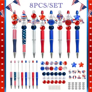 8pcs DIY Beaded Ballpoint Pens Kit, Patriotic Star Spangled Craft Set, Usa Flag Theme Pens, Classroom Office Supplies, Unique Holiday Gift