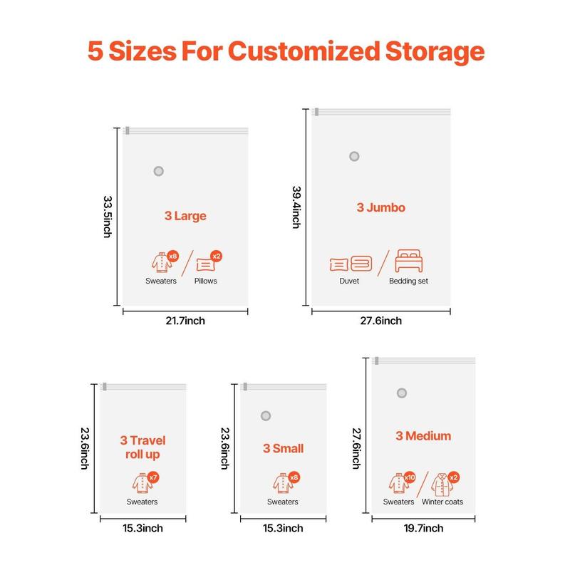 VEVOR 15 Pack Vacuum Storage Bags with Electric Pump,  , Space Saver Bags Compression for Comforters and Blankets, Sealer Clothes Storage Travel Essentials