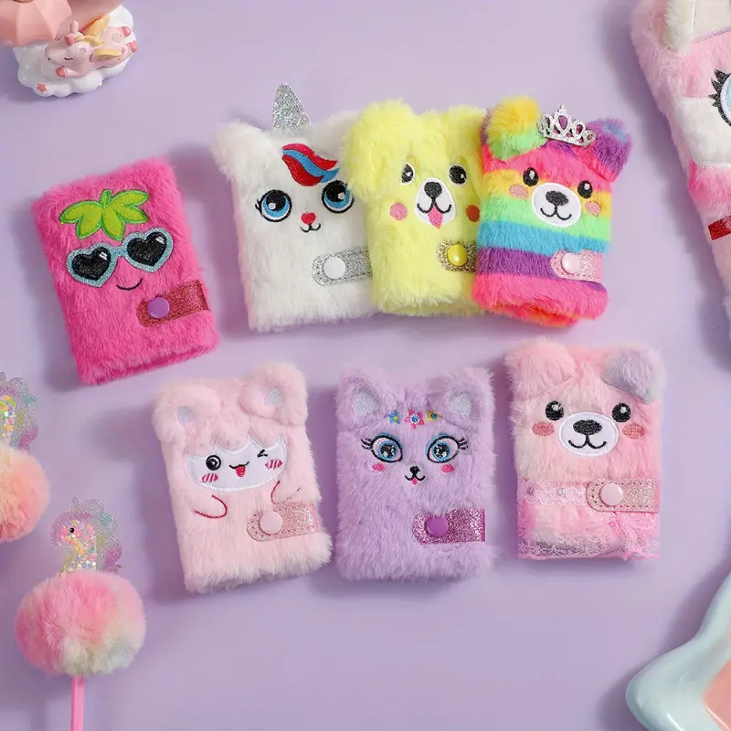 1pc Cartoon Plush Unicorn  Notebook - Student Snap Pocket Notebook, Portable Cute Plush Glitter Bear Notebook, Colorful Plush Animal - Outdoor Carry-On Notebook for Bags