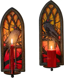 Gothic Wall Candle Sconces Set of 2, Wrought Iron Crow Wall Mounted Candelabra Holder with Removable Trays for Taper & Pillar Candles, Medieval Cathedral Window Design, Dark Academia Decor
