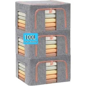 Extra Large Clothes Storage Bins with Metal Frame Foldable Organizer for Home Organization 2Way Zipper Clear Window Storage Bags for Clothes Bedding Seasonal Storage 100L x 3Pack