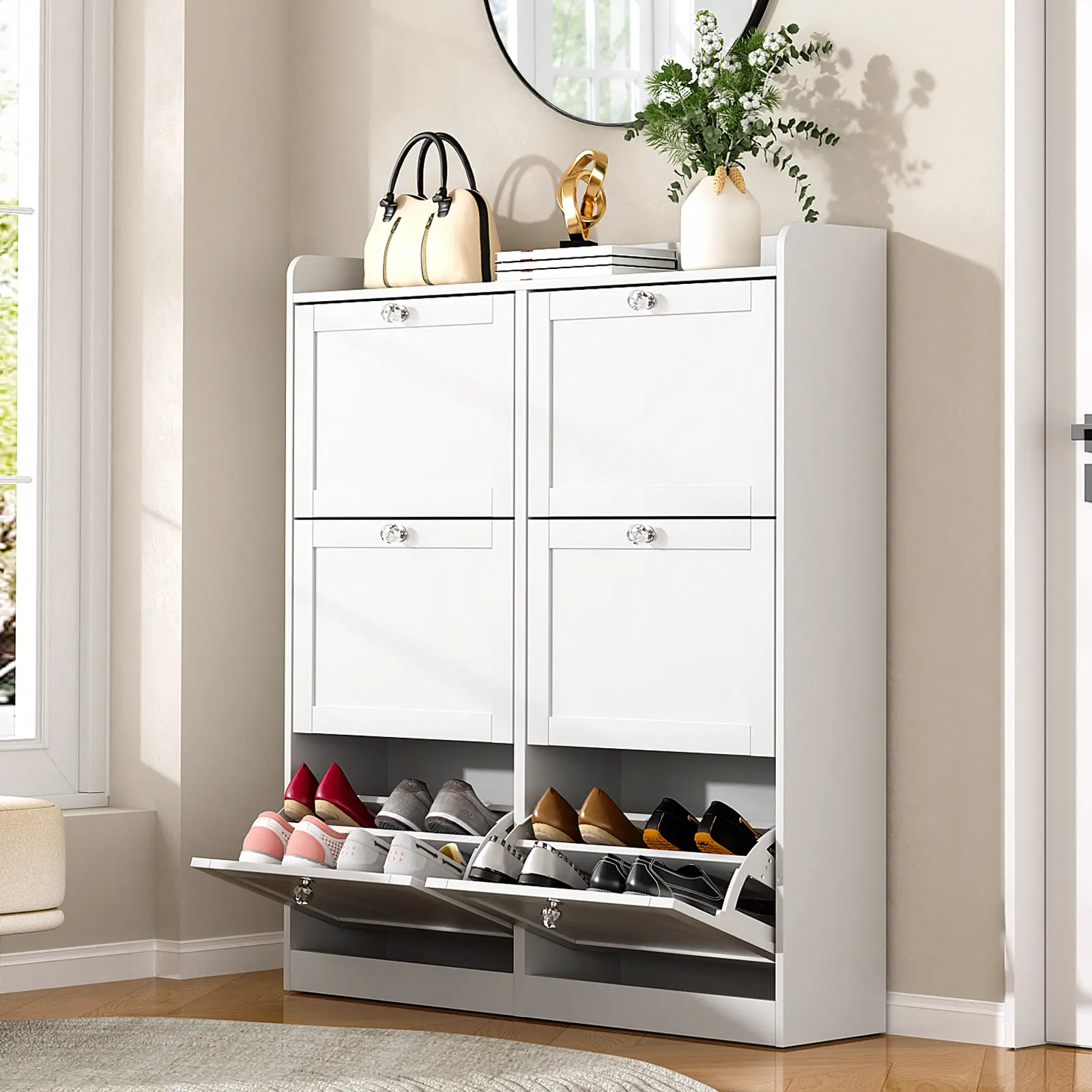 VOWNER Shoe Cabinet with 6 Flip-out Drawers, Freestanding Organizer with Diamond Handles, for Entryways, Hallways, Narrow Shoe Cabinet, White