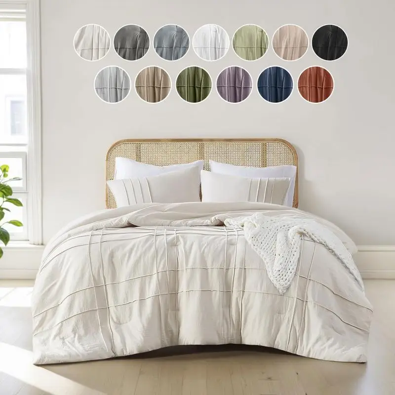 Soft Washed Pleated Comforter Set, Pintuck Pleated Bedding Sets, All Season Lightweight, Extra Softness Pre-Washed Microfiber Bed Set, Shams Stacie