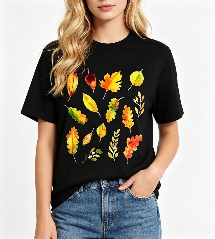Women's Breathable Watercolor Assorted Fall Leaves Short Sleeve Crew Neck Graphic T-Shirt - Black Oak Leaf Top, Beach Style, Flattering Cut, Stylish Fit Casual Womenswear #sohochic