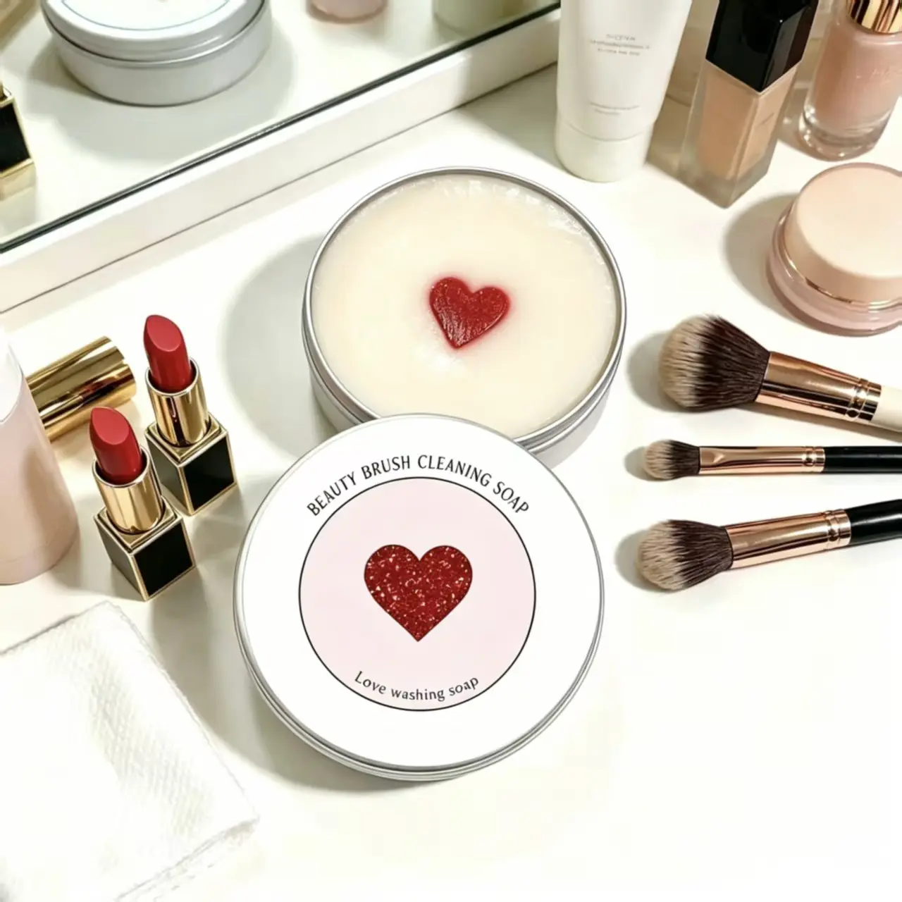 Heart Design Makeup Brush Cleaning Soap, Deeply Cleans Waterproof Makeup, Solid Brush Shampoo, No Damage, For Synthetic & Natural Brushes 100g
