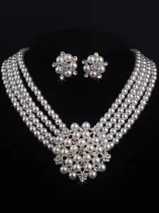 Elegant Bride Flower Four-Row Pearl Necklace and Earrings Set, Wedding Jewelry for Women, Casual Style, All Seasons, Valentine's Gift