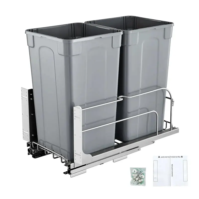 Fallpicks VEVOR Durable Kitchen Trash Can, 27 QT x2 Under-Mount High-Capacity Waste & Recycling Bin with Smooth Pull-Out Soft-Close Slide, Installation Door Kit, Divided Cabinet Organizer (Grey)
