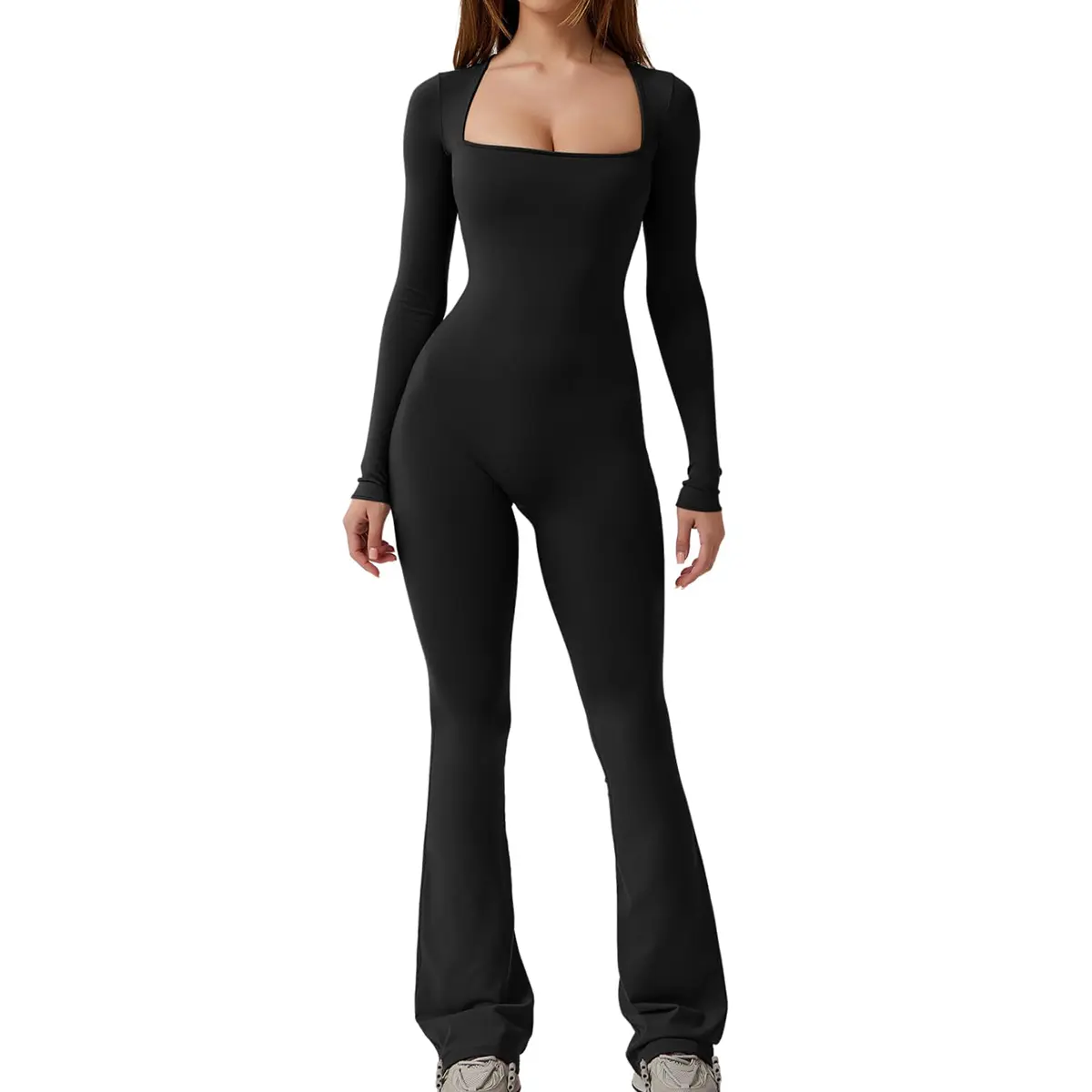 SeSe Code Store Full Length Flare Wide Leg Jumpsuits Square Neck Long Sleeve Jumpsuits