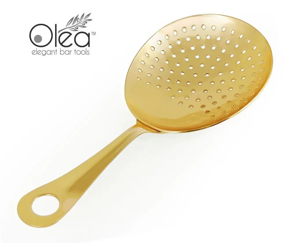 Olea™ Round Reflective Gold-Plated Stainless Steel Julep Bar Strainer - 3"x3.5" Julep Head, 6.5" Length, Durable Mixologist Tool, Not Dishwasher Safe, for Kitchen, Cocktail Use with Standard Mixing Glasses