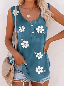Women's Floral Print Vest Top, Casual Fashion Round Neck Sleeveless Blouse, Button, Summer New Arrival, Stylish Women's Clothing, Womenswear