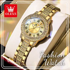 OLEVS 9943 Premium Luxury Women's Gold Analog Watch - 32mm Alloy Case, All-Crystal Roman Numeral Dial, Luminous Clasp, 30M - 50M Waterproof Elegant Quartz Watch for Daily & Party Use