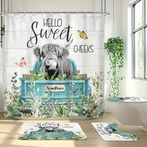 1/4 pcs Truck and Highland Cow pattern shower curtain set, non-slip floor mat, U-shaped carpet, toilet lid cover, perfect for bathroom decoration, partition, beautify the space, free 12 shower curtain hooks