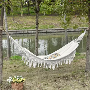 Macrame Fringe Hammock For Garden Or Balcony Includes Carry Bag Bed Boho Rope Hammock For Beach Or Porch With Intricate Knot Pattern