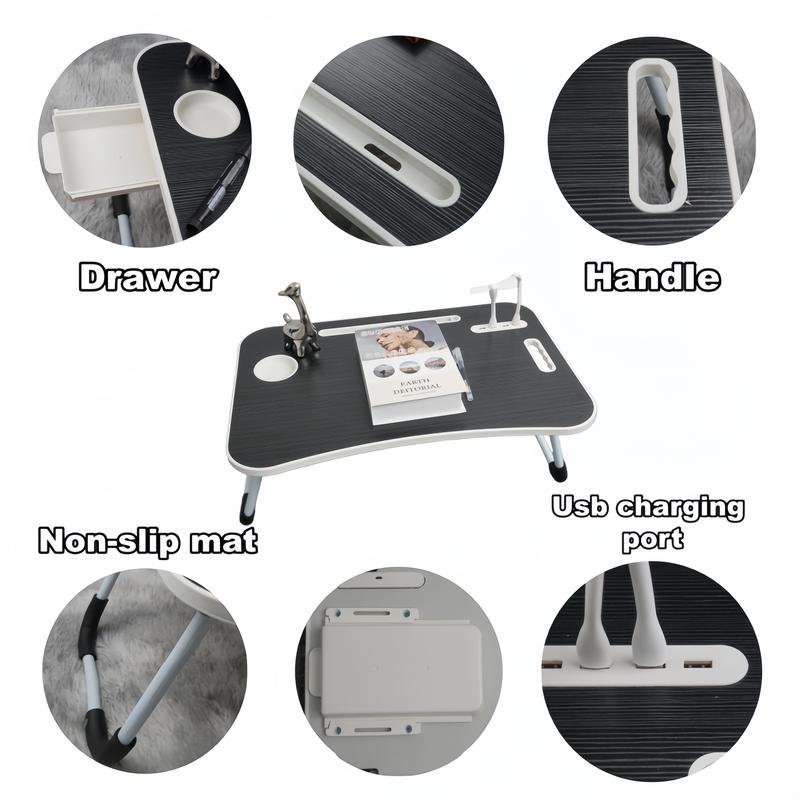 Portable Laptop Desk for Bed & Couch, Foldable Lap Desk with USB Charging Port & Storage Drawers, Compact Small Space Laptop Table for Home Office, Remote Work, Study & Gaming