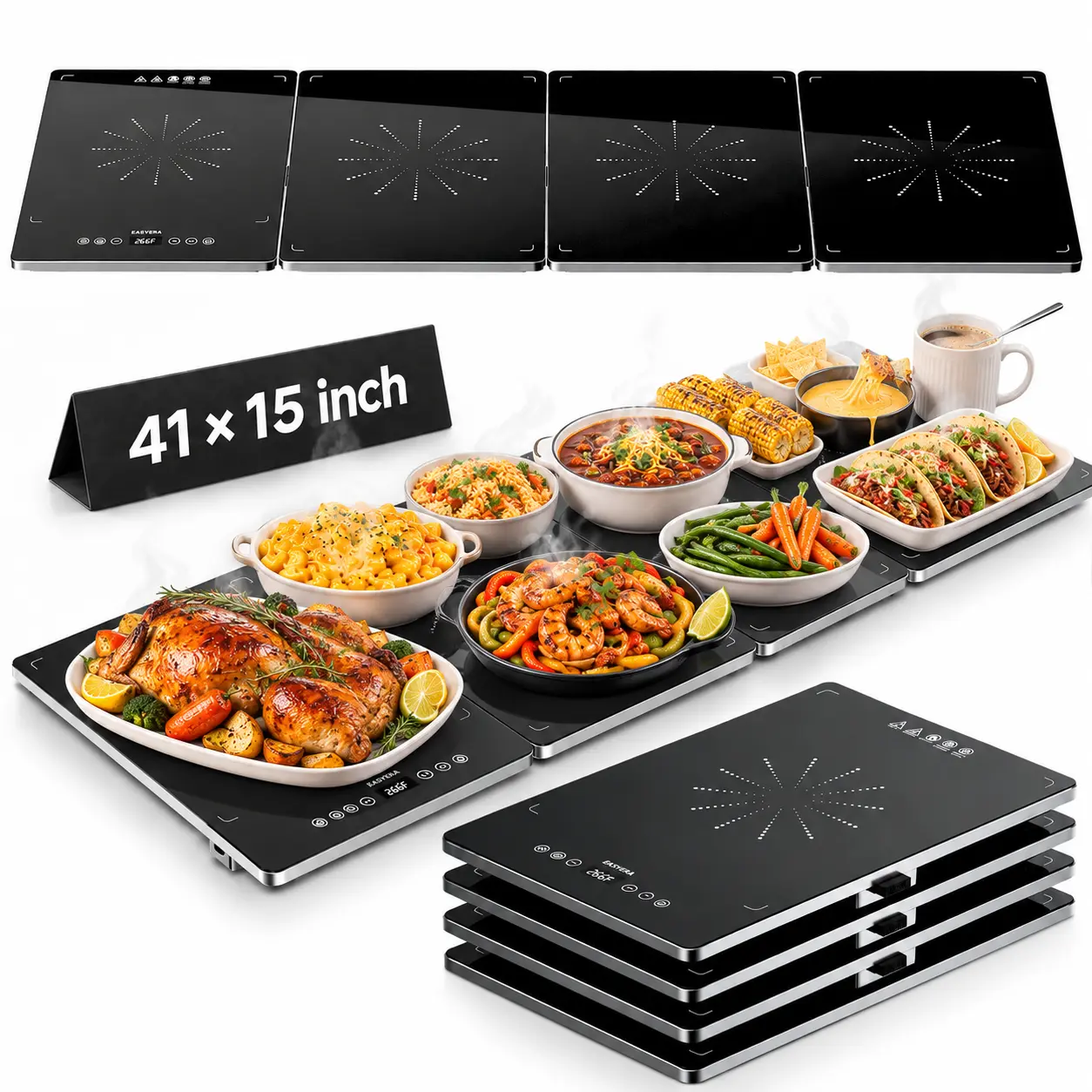 easyera Electric Warming Tray, 4-in-1 Modular Food Warmer, 60" Extra Large Warming Surface, 10 Heat Levels up to 266°F, 8H Timer, Tempered Glass Food Warmer for Parties, Buffet & Holiday Gatherings