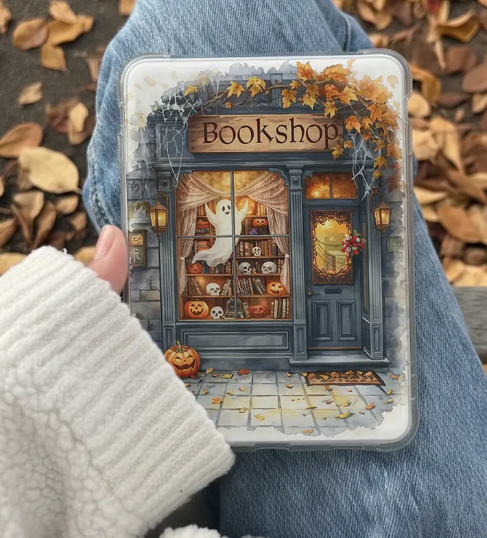 Halloween Bookshop Kindle Insert for Clear Tablet Casing - Aesthetic Book Lovers Decor, Cozy Reading Accessory for Tablet Covers and Accessories