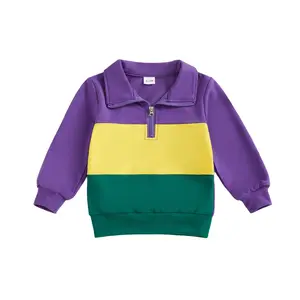 Toddler Baby Boy Mardi Gras Sweatshirt Long Sleeve Lapel Collar Patchwork Upper Zipper Pullover Fall Spring Carnival Tops