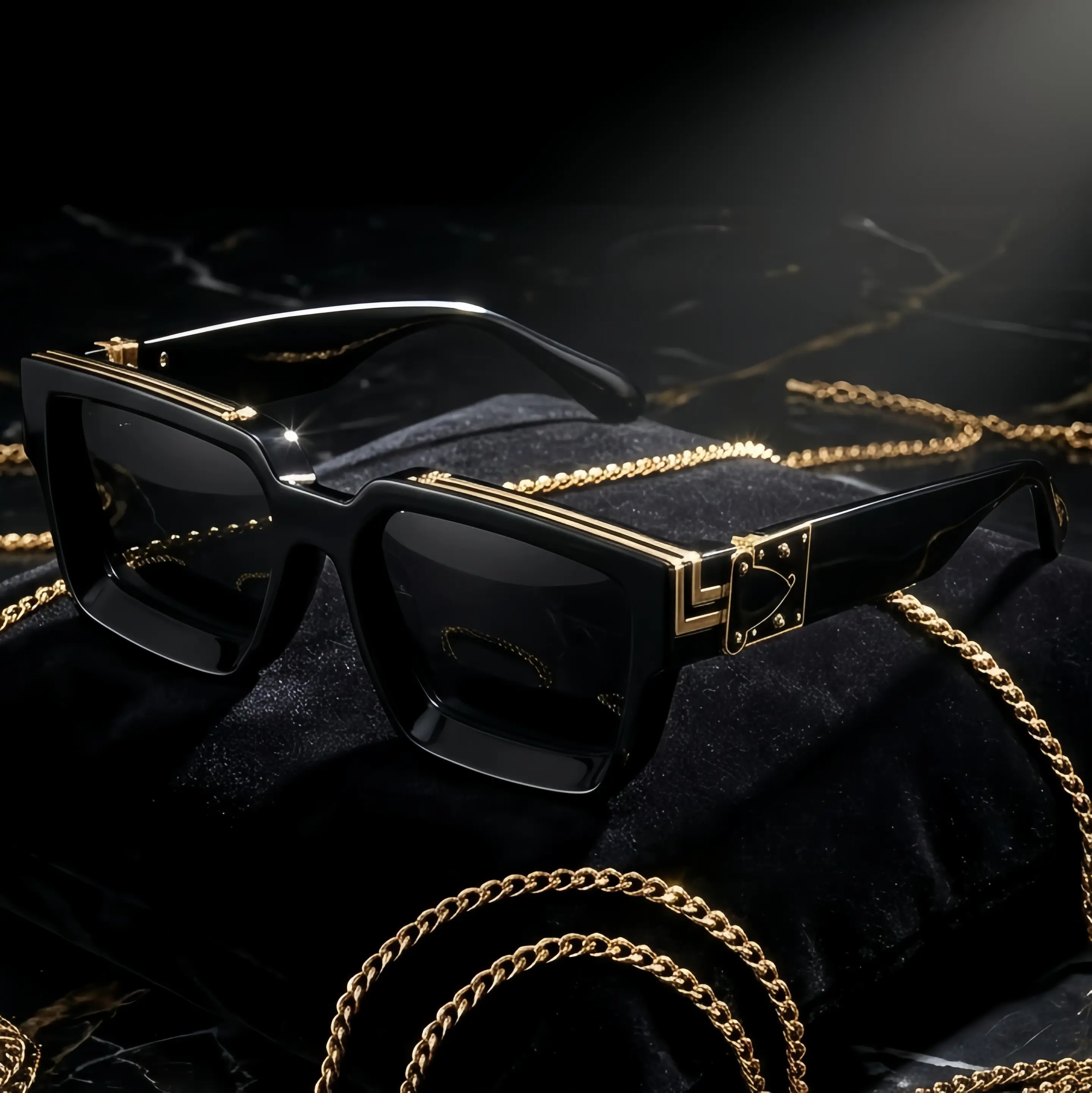 Men's Millionaire-Style Square Statement Metal Sunglasses - 1980s Modern Black Frame with Gold Geometric Accents, Polarized Dark Lenses, 100% UV Shield, Unisex Fit for Most Face Shapes, Retro-Futuristic Protective Eyewear, Statement Sunglasses