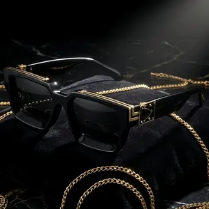 Millionaire-Style Square Sunglasses - Black Frame with Gold Geometric Accents, Polarized Anti-Ultraviolet Protection, Dark-Lensed Unisex Retro-Futuristic Men's Sunglasses, Anti-Ultraviolet Men's Sunglasses, Black Men's Sunglasses