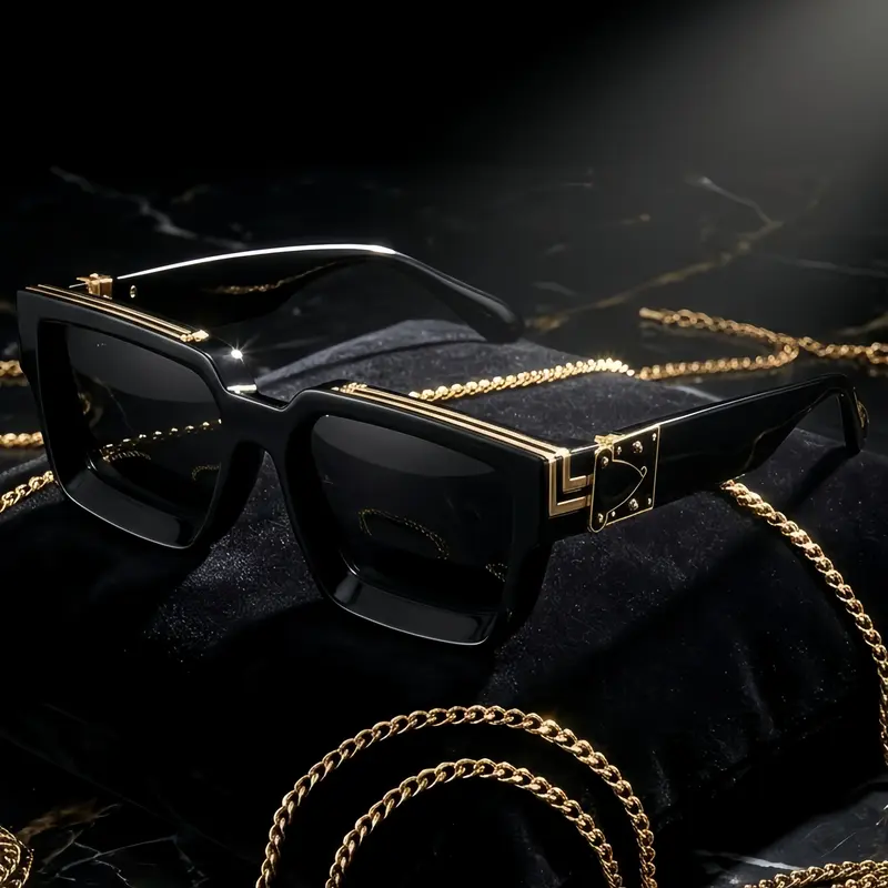 EUNOIALENS Metal Men's Polarized Sunglasses - 1980s Bold Luxury Millionaire-Style Square Statement Sunglasses, Black Matte Frame with Gold Geometric Accents, 100% UV Shield, Unisex Fit for Most Face Shapes, Retro-Futuristic Brunch Dates Eyewear