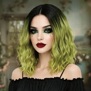 ZIHAN Women's Short Ombre Green Wavy Wig, Middle Part Synthetic Hair for an Easy Style Change - Perfect for Cosplay, Classic Halloween & Daily Parties