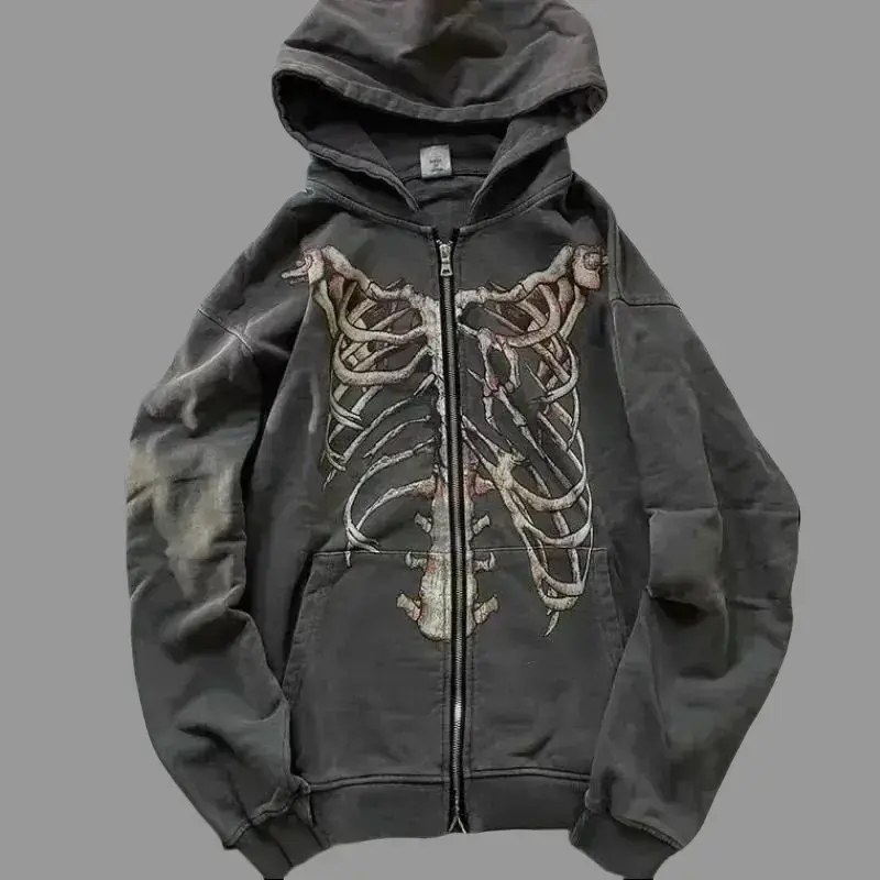 Gothic Y2K Skeleton Hoodie Retro Bone Zip-Up Jacket Harajuku Grunge Streetwear Unisex Oversized Acid Wash Hoodie
