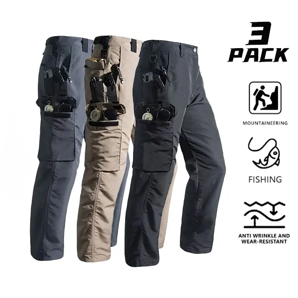 Men’s 3-Pack Tactical Pants with Storage Pockets – Wrinkle-Resistant, Wear-Resistant Outdoor Workwear Pants, suitable for mountaineering, hiking, fishing, camping, and field work/duty wear.