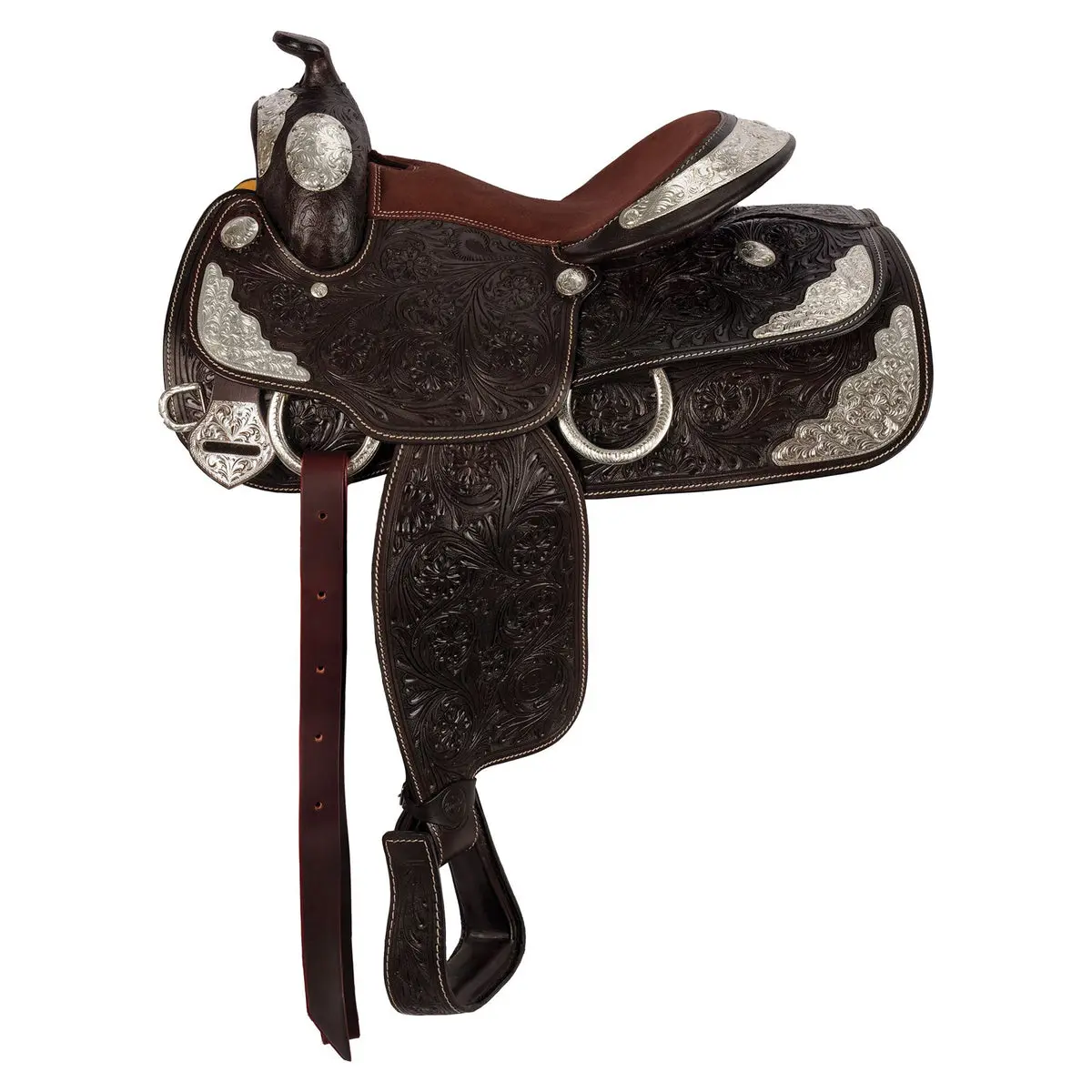 Schneiders Denver II Show Saddle with Blevins Buckles, Cutaway Under Fenders, Fender Hardware, Latigo Leather Tie Strap, Stainless Steel Hardware, Suede Seat, Lightweight, Rawhide Wrap