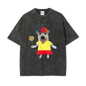 100% Washed Cotton Funny Meme Dog Shirt, Acid Wash Propeller Hat Lollipop Dog Tee, Unisex Casual Top, Vintage Silly Dog Graphic Tee, Funny Meme Streetwear Shirt, Distressed Acid Wash Cute Dog Tee, Cartoon Dog Print Casual Top, Funny Animal Lover T-Shirt
