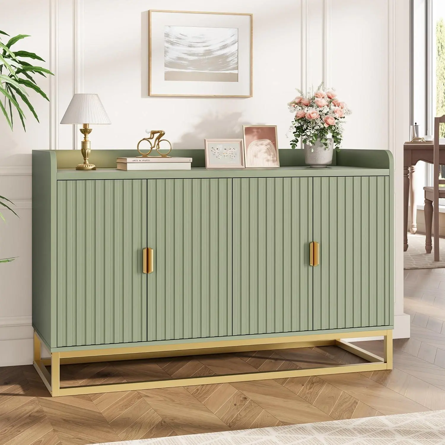 Buffet Cabinet with Storage Accent Sideboard with 4 Doors 47.2" Wide Fluted Credenza Modern Buffet Table Media Console Cabinet Entryway Cabinets for Living Room Kitchen Dining Room Hallway
