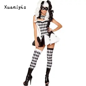HalloweenClownCostumeforWomenPlaidPrintCircusPartyCostumeTubeTopsSkirtLongSocksSetWomenswearAccessories