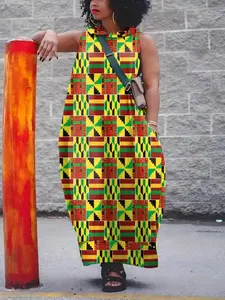 Plus-Size African-Inspired Full-Body Digital Print Hooded Dress, Casual Pocket Sleeveless Tank Dress, Women's Plus-Size Clothing